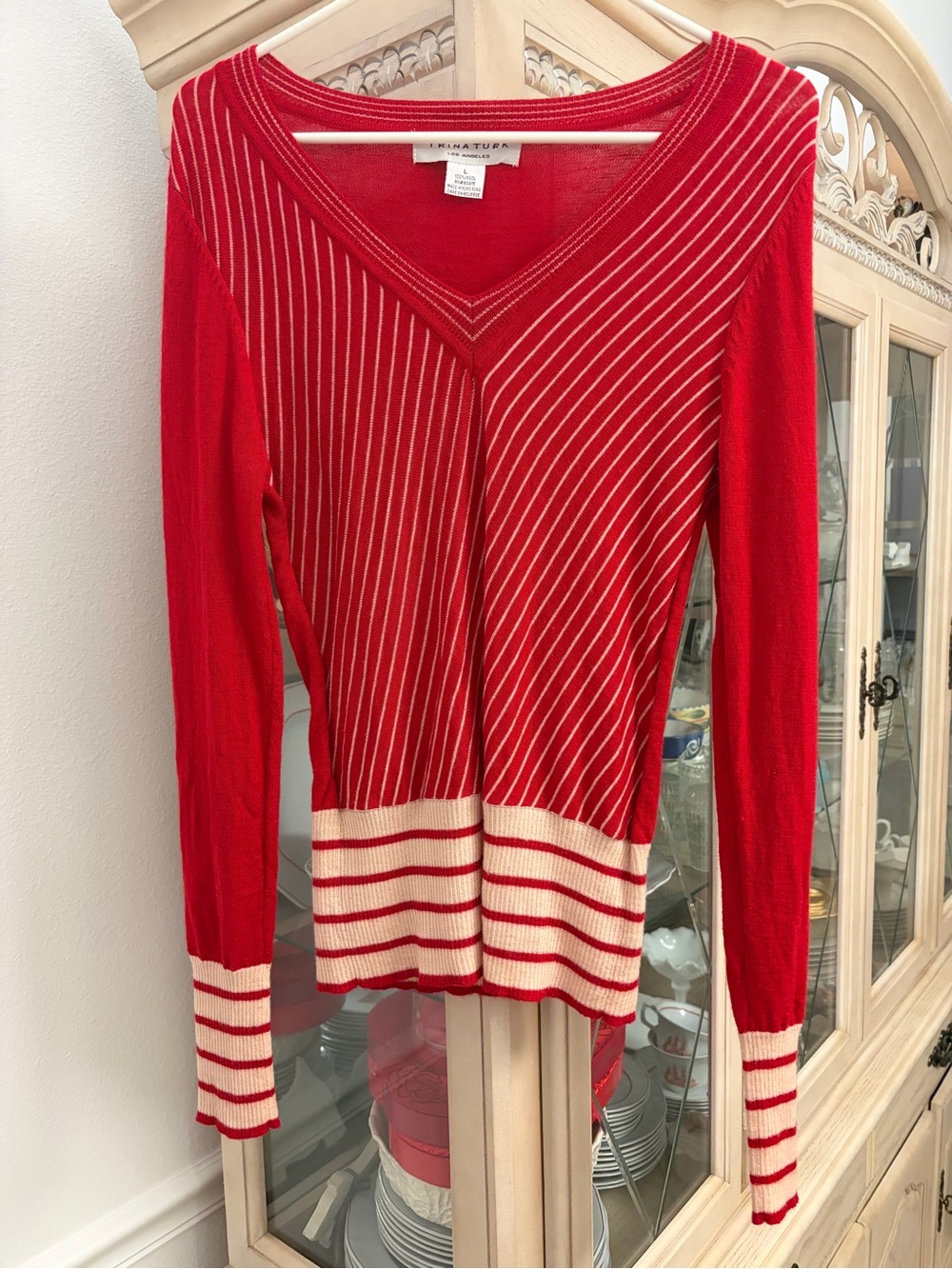 Trina Turk Red V-Neck Striped Sweater with Cream Accents